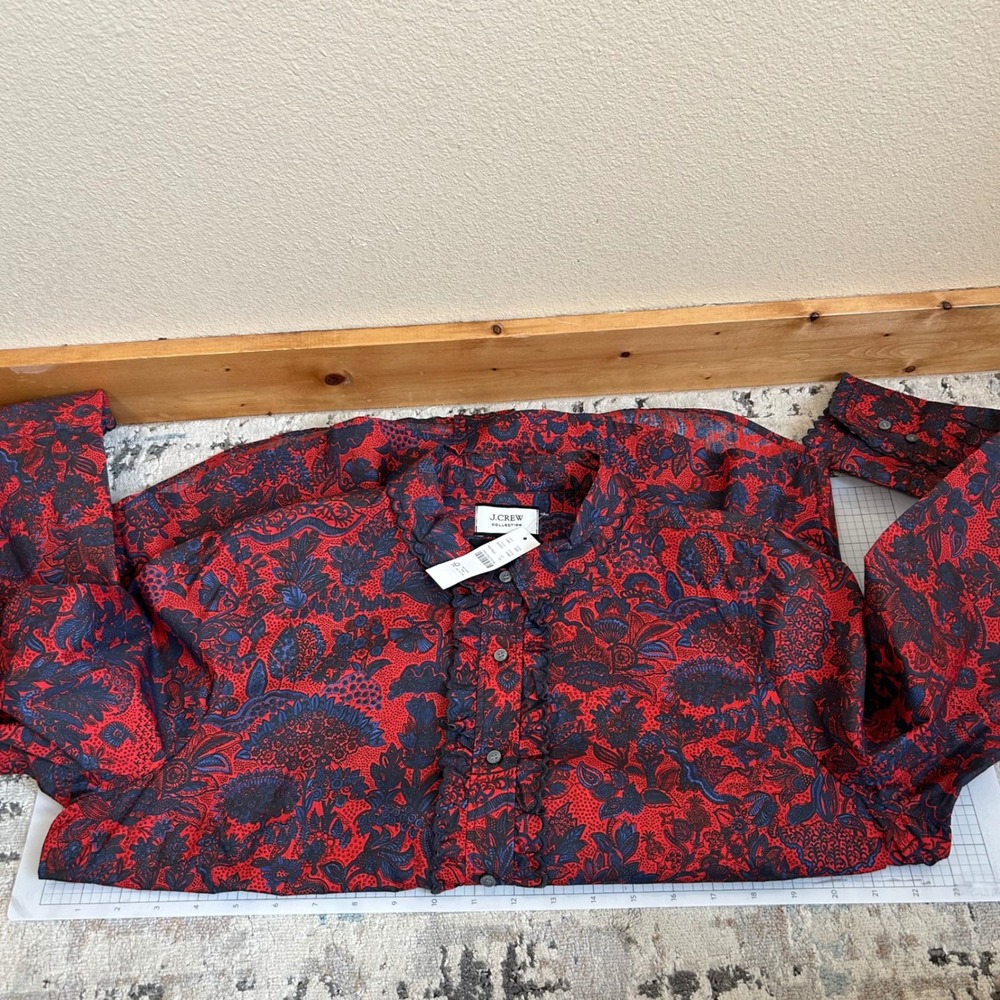 J.Crew Collection Size 16 Shirt Slim Ruffle Scallop Paisley Cotton Red Navy Boho - Picture 5 of 10